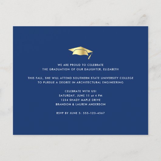 Budget Navy Photo Afstuderen Gold Pet Invitation (Achterkant)