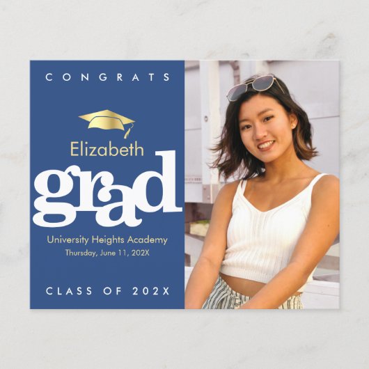 Budget Navy Photo Afstuderen Gold Pet Invitation (Voorkant)