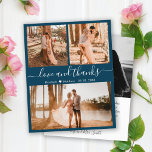 Budget Navy Photo Collage Wedding Hartelijk dank<br><div class="desc">Budget, Modern, Elegant, Hand Lettered Wedding Navy Bule (3) Drie Foto Collage Dank u gepersonaliseerd betaalbaar, dunne kaart met laag budget. Stijlvolle bruiloft bedankt je sjabloon met drie foto's op de voorkant en één foto op de achterkant. Met de tekst "Liefde en bedankt" in een vaag handgeschreven typografische manuscriptdoopvont met...</div>