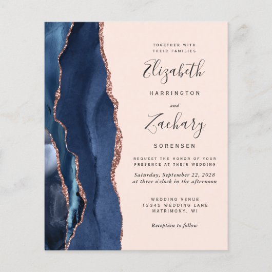 Budget Navy Roos Gold Agate Blush QR Code Wedding (Voorkant)