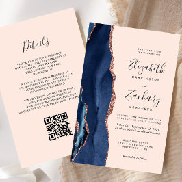 Budget Navy Roos Gold Agate Blush QR Code Wedding
