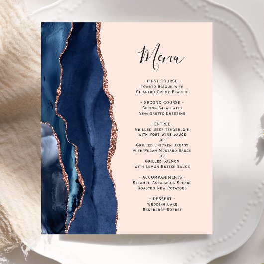 Budget Navy Roos Gold Agate Blush Wedding Menu