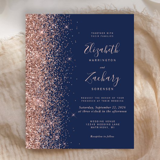 Budget Navy Roos Gold Glitter Wedding Invitation