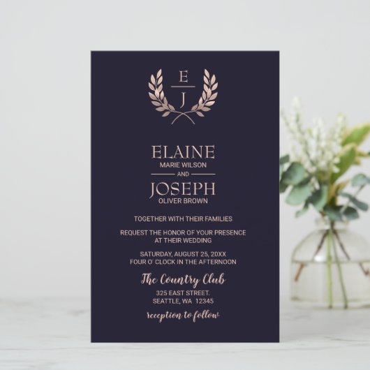 Budget Navy Roos Gold Monogram Wedding Invitations (Staand voorkant)