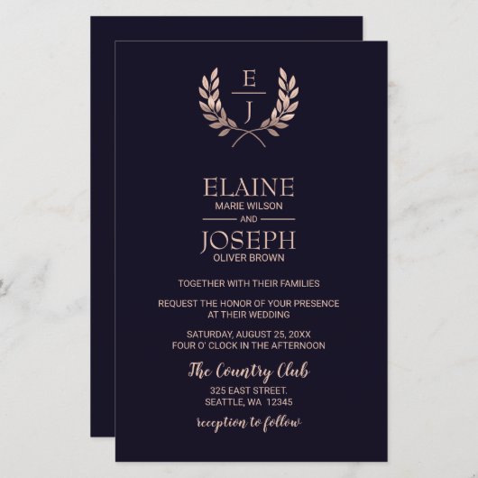 Budget Navy Roos Gold Monogram Wedding Invitations (Voorkant / Achterkant)