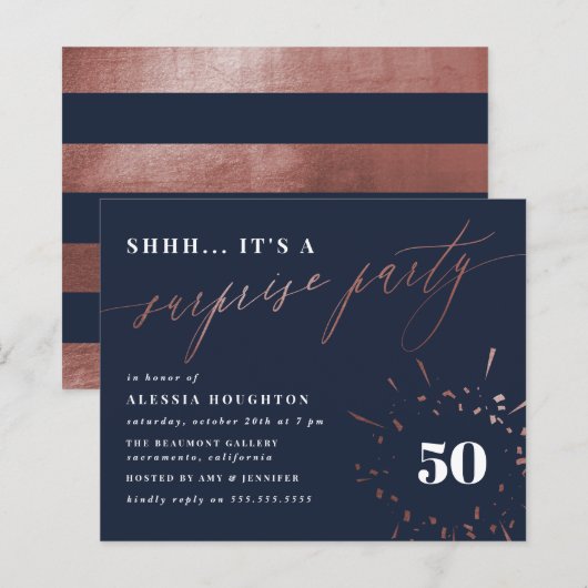 Budget Navy & Roos Gold Script Surprise Party (Voorkant / Achterkant)