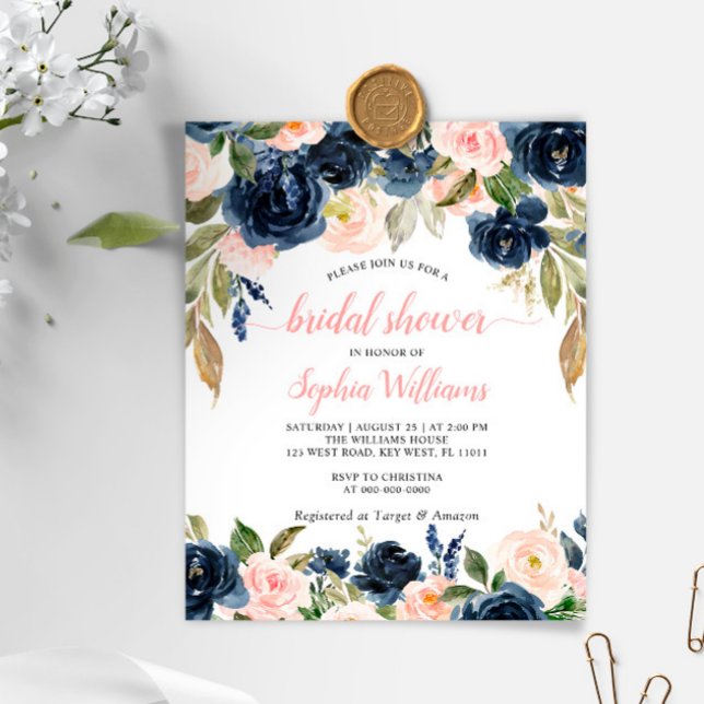 Budget Navy & Roses Bridal Shower Invitation (Creator heeft geüpload)