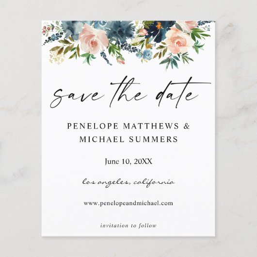 Budget Navy & Roze Bloemige Save the Date V2 Foto Flyer (Voorkant)