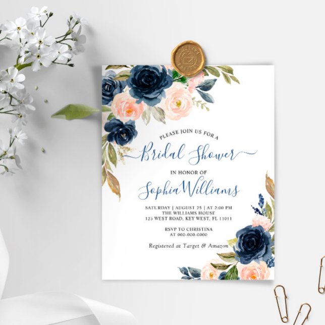 Budget Navy & Roze Bruiloft Uitnodiging (Creator heeft geüpload)