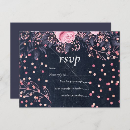 BUDGET Navy Roze Roségoud Trouw Bloemstuk Uitnodiging Briefkaart (Voorkant / Achterkant)