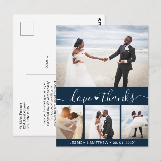 Budget Navy Script Foto Bruiloft Dankjepostkaart Briefkaart (Voorkant / Achterkant)