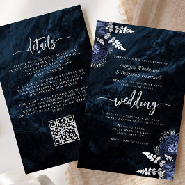 Budget Navy Silver Floral QR Code Wedding Invite