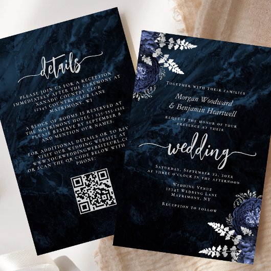 Budget Navy Silver Floral QR Code Wedding Invite