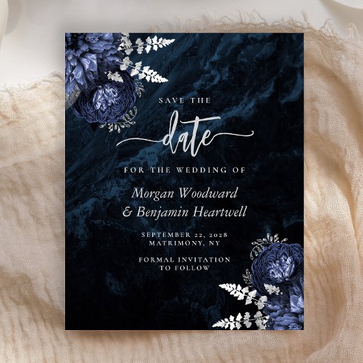 Budget Navy Silver Floral Wedding Save the Date