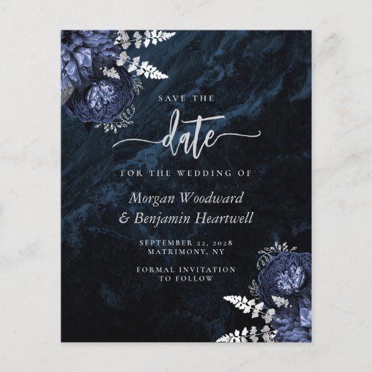 Budget Navy Silver Floral Wedding Save the Date (Voorkant)