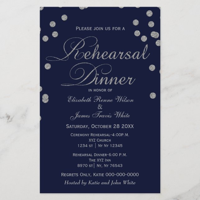 Budget Navy Silver Glitter Rehearsal Dinner nodig (Voorkant)