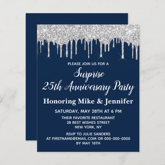 Budget Navy Silver Surprise Jubileum Invitation (Voorkant / Achterkant)