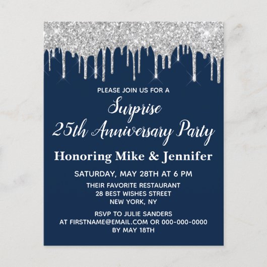 Budget Navy Silver Surprise Jubileum Invitation (Voorkant)