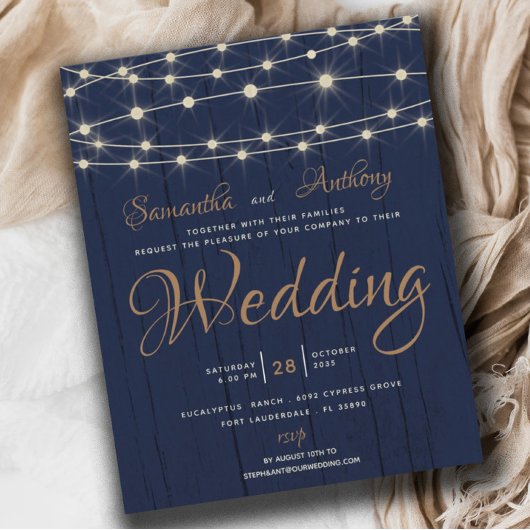 Budget Navy String Lights RSVP Huwelijksuitnodigin