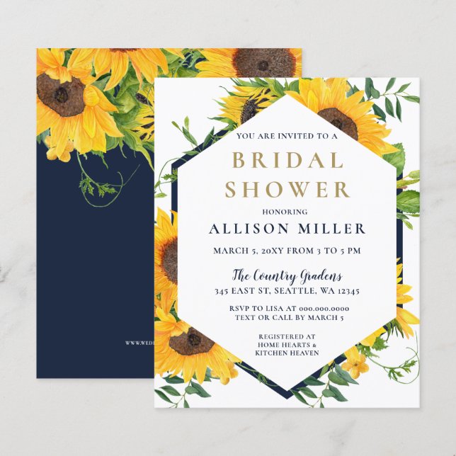 Budget Navy Sunflower Bridal Shower Invitation (Voorkant / Achterkant)