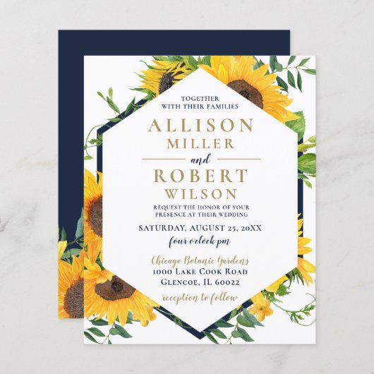 Budget Navy Sunflower Rustic Wedding Invitation (Voorkant / Achterkant)