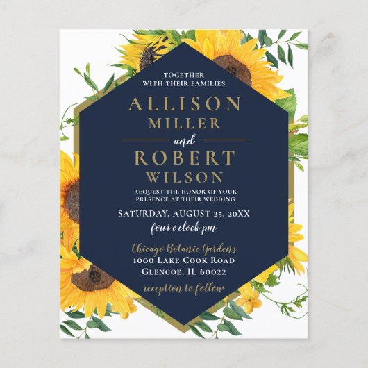 Budget Navy Sunflower Rustic Wedding Invitation (Voorkant)