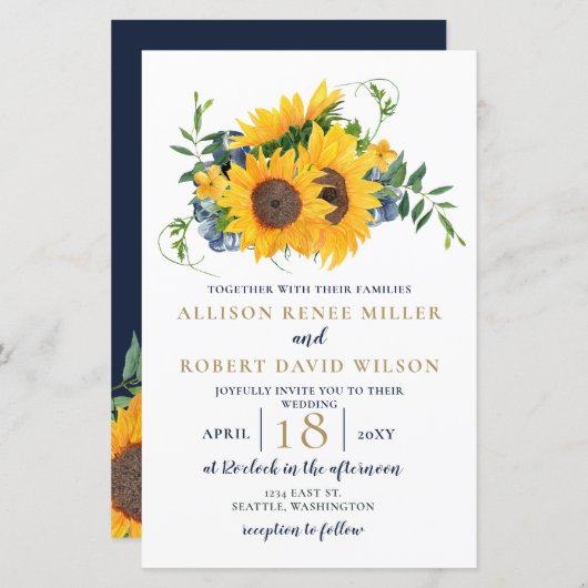 Budget Navy Sunflower Wedding Uitnodiging (Voorkant / Achterkant)