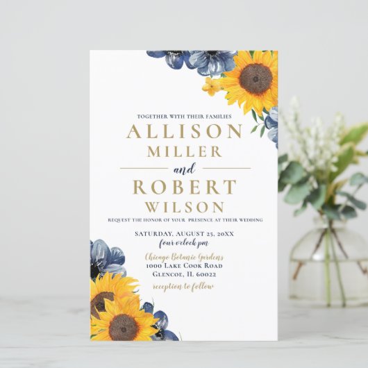 Budget Navy Sunflower Wedding Uitnodiging (Staand voorkant)
