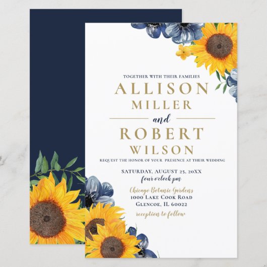 Budget Navy Sunflower Wedding Uitnodiging (Voorkant / Achterkant)