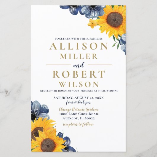 Budget Navy Sunflower Wedding Uitnodiging (Voorkant)