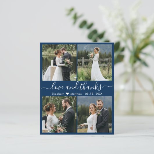 Budget Navy White Photo Collage Wedding Bedankt (Staand voorkant)