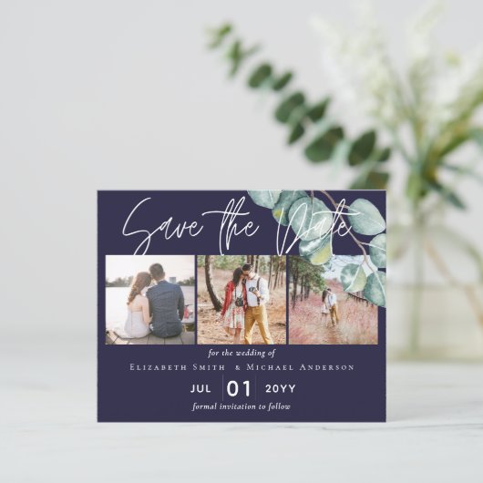 Budget NAVY White Sage Eucalyptus Save Dates PHOTO (Staand voorkant)