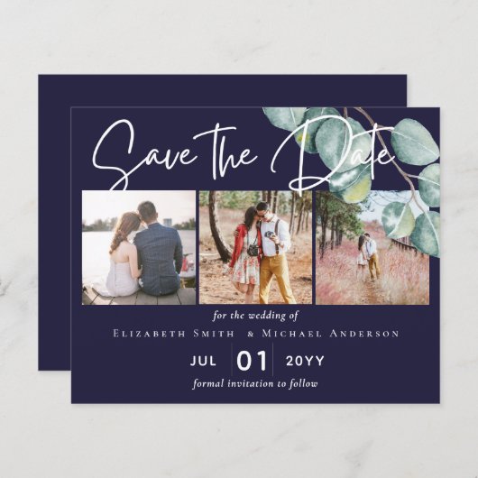 Budget NAVY White Sage Eucalyptus Save Dates PHOTO (Voorkant / Achterkant)