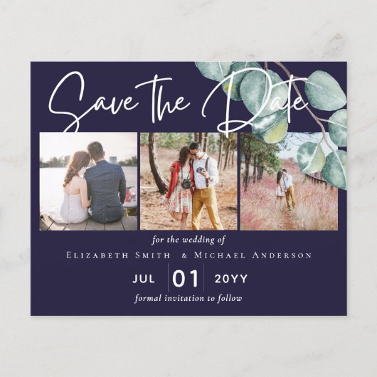 Budget NAVY White Sage Eucalyptus Save Dates PHOTO (Voorkant)