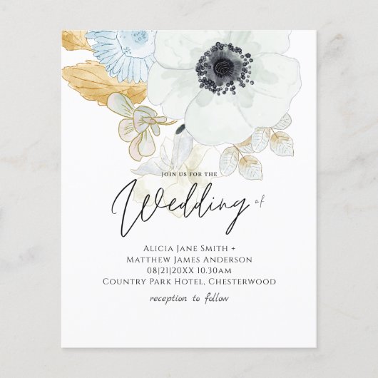 BUDGET Navy Wit Gouden Bloemen Bruiloft Uitnodigin (Voorkant)