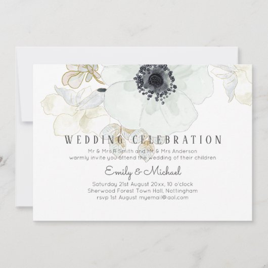 BUDGET Navy Wit Gouden Bloemen Bruiloft Uitnodigin Kaart (Voorkant)