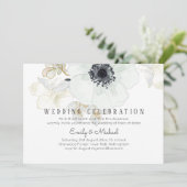 BUDGET Navy Wit Gouden Bloemen Bruiloft Uitnodigin Kaart (Staand voorkant)