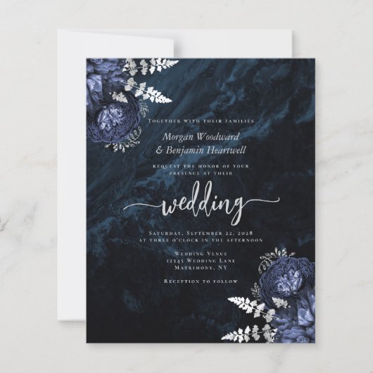 Budget Navy Zilveren Bloemencode QR Code Trouwkaar (Voorkant)