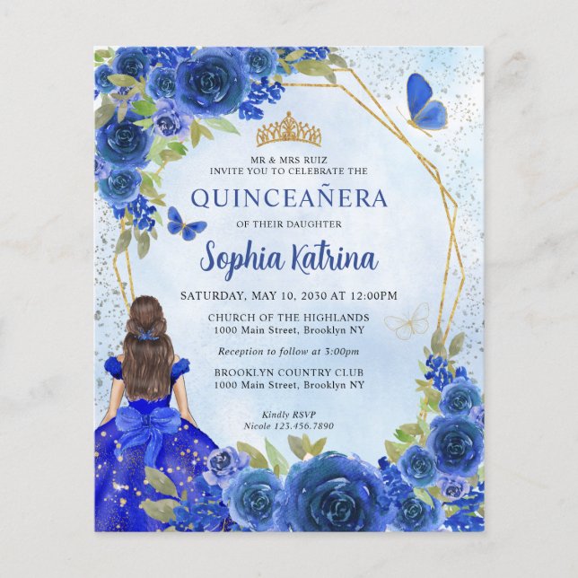 Budget Navyblauw Bloemenkleed Princess Quinceañera (Voorkant)
