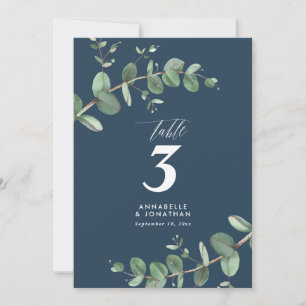 Budget navyblauw eucalyptus elegant huwelijks tafe kaart