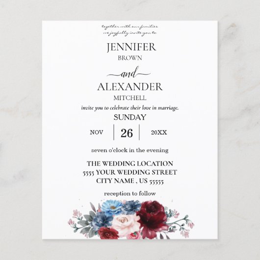 Budget Navyblauw, wit en bordeauxrood bloemenschem Flyer (Voorkant)