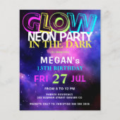 Budget neon gloed tiener verjaardagsfeestuitnodigi (Voorkant)