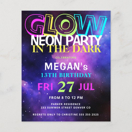 Budget neon gloed tiener verjaardagsfeestuitnodigi (Voorkant)