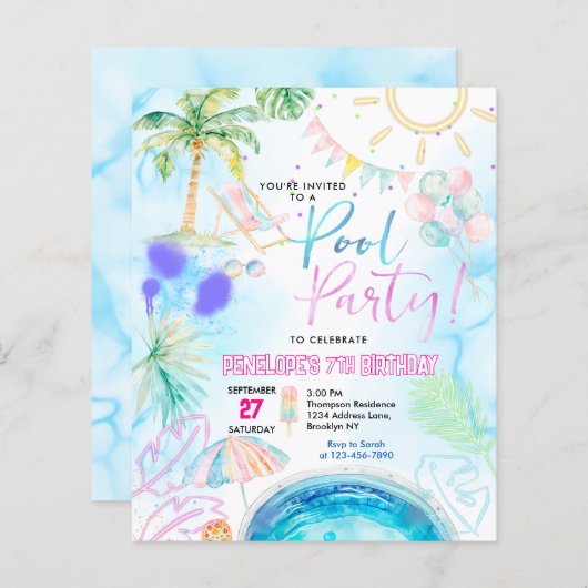 BUDGET Neon Glow Waterverf Pool Party Verjaardag (Voorkant / Achterkant)