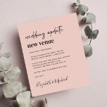 Budget nieuwe bruiloft Venue Blush Pink koninklijk<br><div class="desc">Een budgetvriendelijke, ondoorzichtige roze wijziging van de aankondiging van de bruiloft met een nieuwe locatie voor de huwelijksreis, geschreven in een mix van script en gewaagde trendy typografie (u kunt dit aanpassen aan "nieuwe datum", "kleinere bruiloft", enz.). Pas uw verandering van planbericht aan, voeg uw namen in een handtekeningsachtig manuscript...</div>