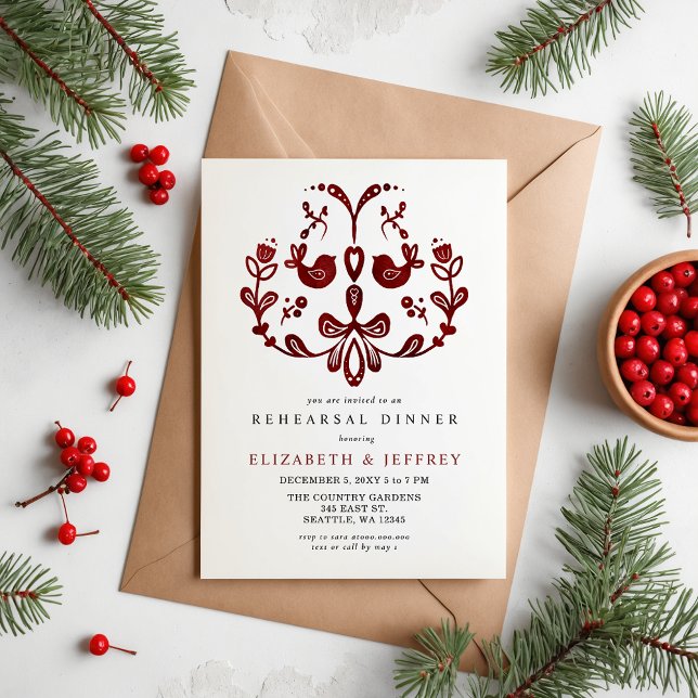 Budget Nordic Birds Kerst repetitie diner (Nordic Birds Christmas Rehearsal Dinner Invitation)