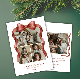 Budget Nostalgische Rode Boog Kerst Vier Foto's Feestdagenkaart