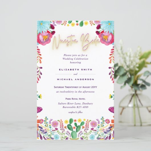 BUDGET Nuestra Boda Flowers Wedding Invite A9 (Staand voorkant)