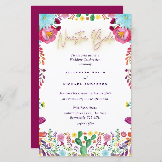 BUDGET Nuestra Boda Flowers Wedding Invite A9 (Voorkant / Achterkant)