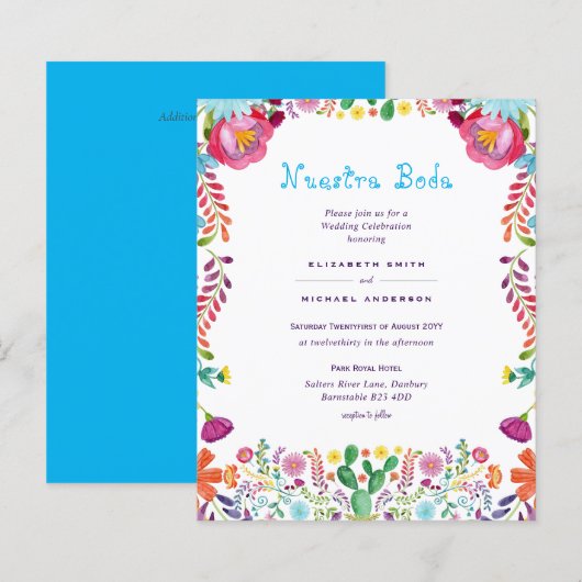 BUDGET Nuestra Boda Folk Flowers Huwelijksuitnodig (Voorkant / Achterkant)